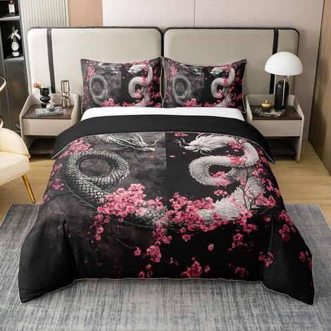 Parure de lit 100 % coton - Motif dragon 3D - 200 x 200 cm - Noir et blanc - Imprimé dragon - Housse de couette esthétique - Fleurs de cerisier - Yin Yang - Noir (1/5)