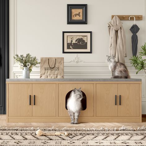 Katzentoilette-Verkleidung 140 x 40 x 45,5 cm mit Kratzmatte, Eiche HAVRYA (1/5)