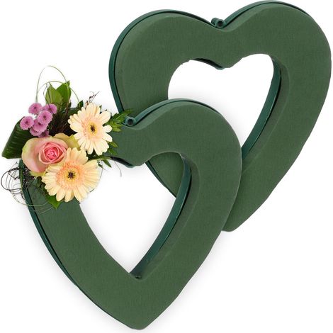 Relaxdays Spugna per Fiori Freschi e Secchi, Set 2 Cuori in Schiuma Floreale, 24x23x4 cm, Base Ghirlanda Fioristi, Verde