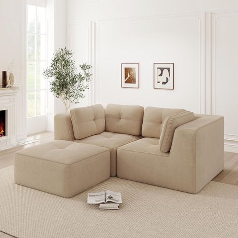 Canapé d'angle modulable et configurable, deux places, canapé en L sans cadre avec pouf amovible, tissu velours côtelé confortable, convient aux salons et aux chambres, beige. (1/5)