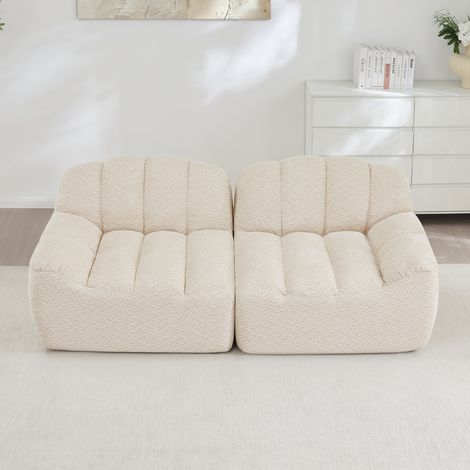 Canapé modulaire 2 places en tissu polaire granulé beige blanc, avec ottoman, sans montage (1/5)