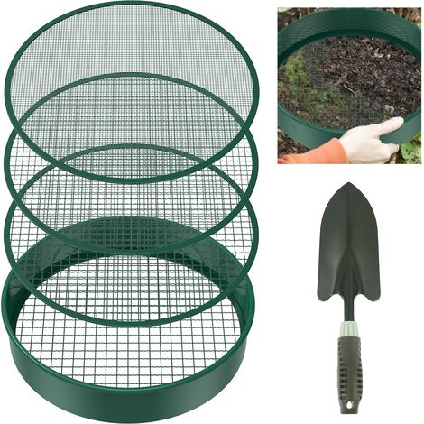 Set mit 6 runden Gartensieben und 4 austauschbaren Sieben. Kompostsieb aus Edelstahl für Erde, Kompost und Saatgut. Inklusive Gartenschaufel. (1/5)