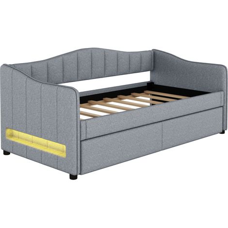 Letto Estraibile Singolo con LED Regolabile e Letto Estraibile 90×200 cm, senza Materasso, Lino e MDF, Grigio (1/5)