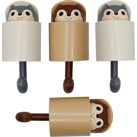 Lot de 4 crochets muraux adhésifs en forme d'écureuil, motif animal mignon, marron et gris, pour la décoration du salon, de la chambre et de la maison (1/4)