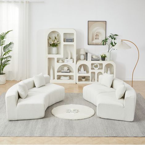 Module de canapé courbé en chenille beige avec 2 coussins, modulable, sans montage (1/5)