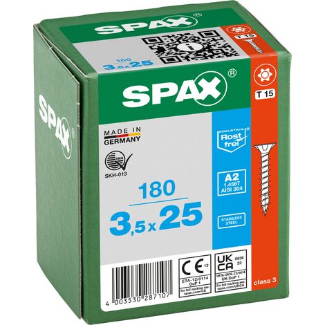 SPAX Vis en acier inoxydable, 3,5 x 25 mm, 180 pièces, Tête centrante, Tête fraisée, T-STAR plus T15, 4CUT, Acier inoxydable A2 - 8000000287107