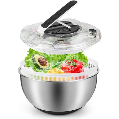 Salatschleuder Edelstahl 3,5L Groß - Mit Deckel & Antirutsch-Basis - Zum Waschen und Schleudern von Salat, Nudeln, Gemüse - Küchenutensil