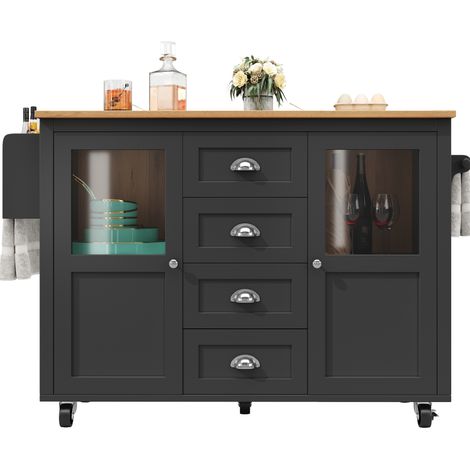 Îlot de cuisine avec plateau rabattable 137,9x73x92,5 cm, 4 tiroirs, 2 portes, roulettes 360°, porte-serviettes et range-épices, noir CHICFURN (1/5)