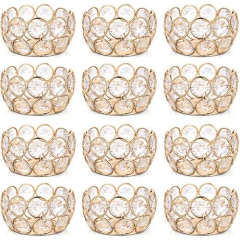 FENOPLASTICABougeoir de Cristal Lot de 12, Chandelier Supports pour Bougies Chauffe-Plat pour Table Deco Noel Mariage Fête Banquet Anniversaire Décor, 8cm, Bordure en Or Métal