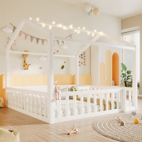 REDOM Cama infantil 90x190cm x 2 con barandillas, luces led, madera de pino, color blanco (sin colchón)