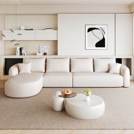 Canapé d'angle modulable en L 5 places 336x168x85 cm avec méridienne, effet nuage, mousse compressée, sans montage, chenille blanc