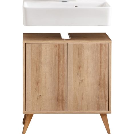 FACKELMANN FINN Badmöbel Set 3 Teile / Waschbecken / Waschbeckenunterschrank / 4 Holzfüße / Badschrank mit Push-to-Open / Korpus & Front: Braun hell / Rahmendekor & Füße: Braun hell / Breite: 60 cm"-" (1/5)