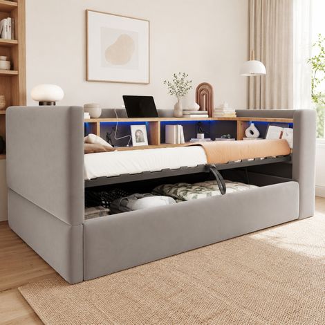 Letto contenitore 90 x 190 cm con divano letto, vano idraulico, LED e prese, grigio scuro OKMYHOME (1/5)
