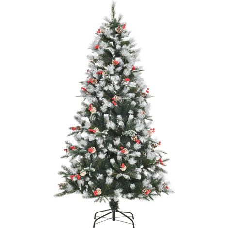 Albero di Natale Artificiale Innevato 180 cm 678 Rami con Bacche Rosse e Pigne Verde (1/5)