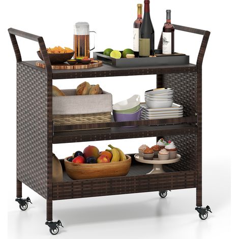COSTWAY Outdoor Bar Cart 3-Tier Patio Rattan Storage Shelf w/Side Handles-Brown (1/5)