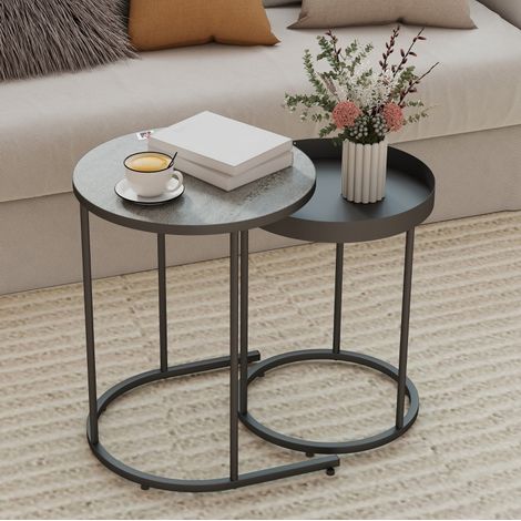 Table basse gigogne 2 pièces ronde gris en MDF et métal HAVRYA (1/4)