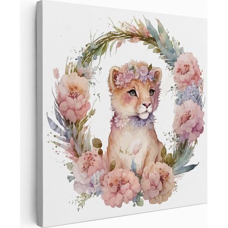 Tableau toile Enfants Carré - Lionceau Fleurs - 30x30 cm (1/2)