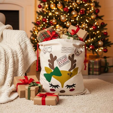 Hotte de Noël M 70x50 cm – Sac Cadeaux Imprimé avec Motif Petit Renne, Décoration et Emballage Fêtes (1/5)