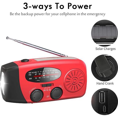 Radio météo d'urgence portable 1000 mAh à énergie solaire et manivelle avec lampe torche LED et alarme SOS pour les situations d'urgence en extérieur. (1/5)