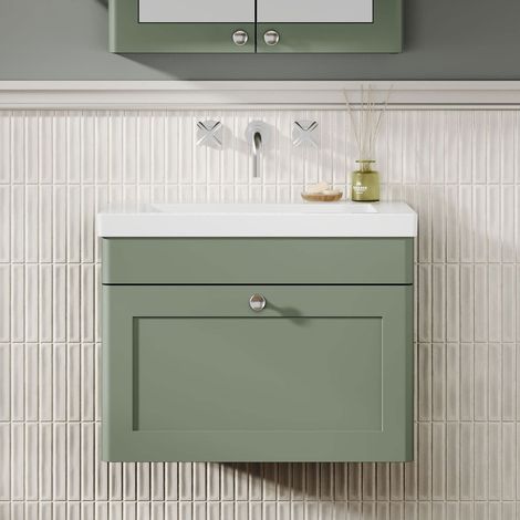 Nuie Classique Wall Hung 1-Drawer Vanity Unit with 0TH Contemporary Basin 600mm Wide - Satin Green (1/5)