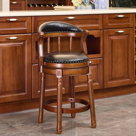 Tabourets de bar en bois et cuir de vachette, pivotants à 360°, hauteur bar avec dossier, pour comptoir de cuisine, style moderne. (1/5)