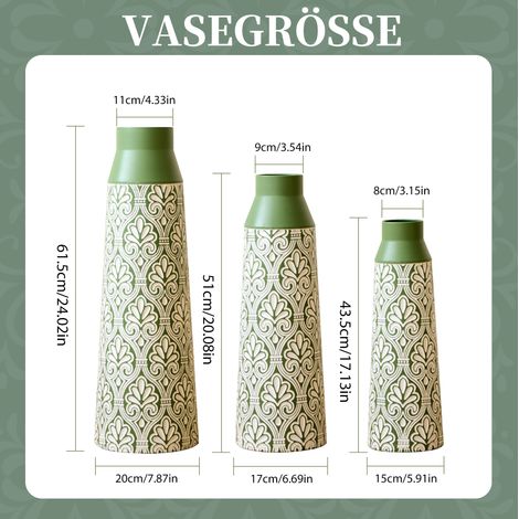 Vase de sol en métal vert, lot de 3, 61,5/51/43,5 cm, motif rétro HAVRYA (1/3)