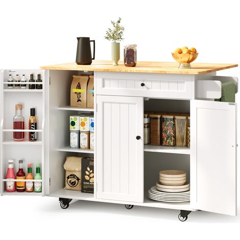 Bealife Carrello da Cucina con Ruote Portavivande Mobile con piano di Lavoro Pieghevole Include 1 Cassetto 1 Portasciugamani 1 Portaspezie 3 Ante e 3 Ripiani 130 x 75 x 88 cm Bianco