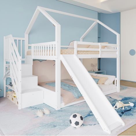 MEUBLIV Letto per bambini 140x200 cm bianco – scala contenitore e scivolo senza materasso (1/5)