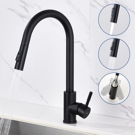 Mitigeur de Cuisine Noir Rotatif à 360° Robinet Cuisine en Acier Inox avec 2 Fonctions Douchette Extractible (1/5)