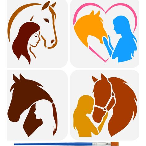 4Pcs Pochoirs pour Chevaux Avec 1 Pinceau en Plastique 15x15cm 4 Pochoirs Chevaux Fille Amour Pochoirs sur Le Thème Des Animaux pour Peindre sur Bois Toile Tissu Murs Meubles (1/5)