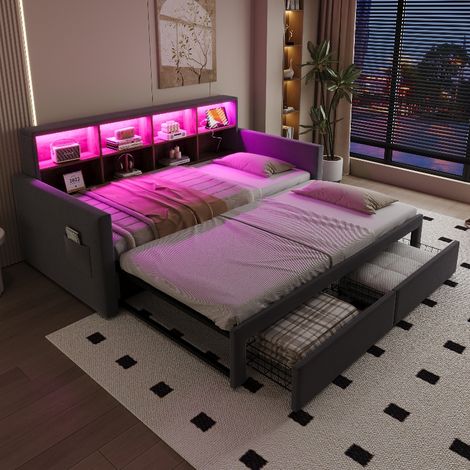 Ausziehbares Polsterbett Schlafsofa 90x190 cm mit Stauraum und 2 Schubladen, Gästebett ausziehbar auf 180x190 cm, LED & USB, Samt Dunkelgrau (1/5)