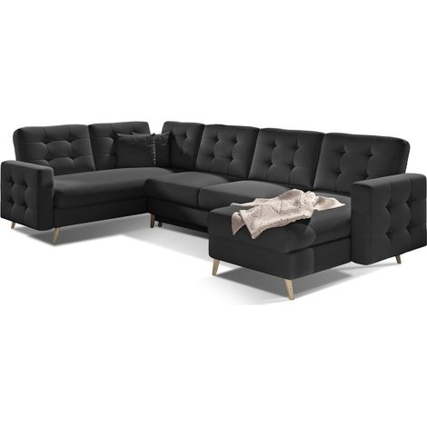 Canapé d'angle panoramique convertible HASGARD U 326 cm noir avec coffre