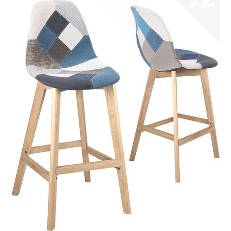 Ensemble de 2 chaises de bar patchwork, hauteur d'assise 67 cm, style scandinave, assise large et confortable à dossier haut, revêtement en tissu, pieds en hêtre clair brillant (bleu) (1/5)