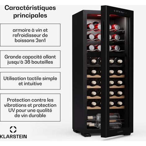 Klarstein – Cave à vin multi-température 36 bouteilles – 2 zones de refroidissement – Commande tactile – Protection contre vibrations et UV - 2-en-1