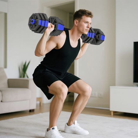 Ensemble d'haltères musculation 6-en-1 haltère réglable 25 kg kettlebell, barre de musculation support pour pompes bleu (1/5)