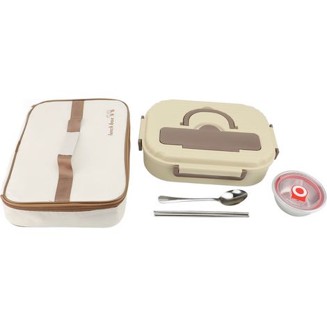 Récipient à déjeuner avec bol à soupe, baguettes, cuillère en acier inoxydable 304, 4 compartiments épais, passe au micro-ondes, boîte alimentaire isolée pour bureau, école, beige. (1/3)