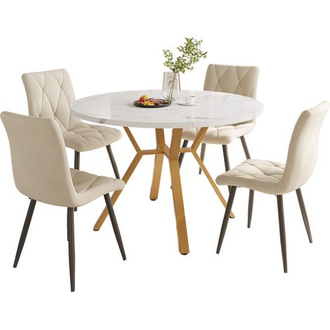 Set tavolo e sedie da pranzo, 5 Pezzi, Moderno e Semplice, con Tavolo Rotondo in Marmo e 4 Sedie in Velluto Beige, Gambe Dorate