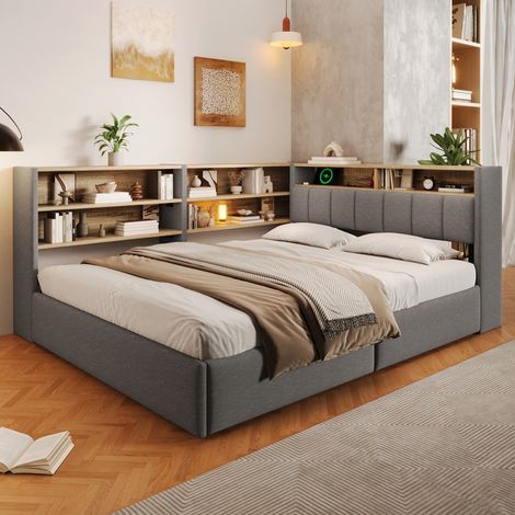 Lit banquette 140x200 cm avec rangement hydraulique, étagères, éclairage LED, prises USB, sommier à lattes, MDF et velours, Gris (1/5)