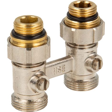 tecuro Hahnblock-Verschraubung für 2-Rohrbetrieb, Abstand 50 mm, Durchgangsform, einzeln absperrbar, Messing vernickelt (1/5)