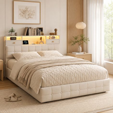 Lit Coffre 140x200 avec Éclairage LED RGB et Ports USB/Type-C, Lit Double 140x200cm Cadre de Lit Capitonné avec Rangement, sans Matelas, Velours Beige (1/5)