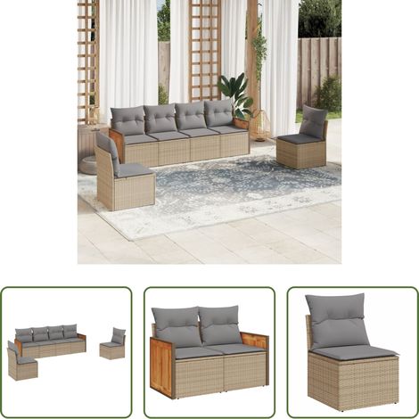 vidaXL Rattanmöbel - 6-tlg. Garten-Sofagarnitur mit Kissen Beige Poly Rattan (1/5)