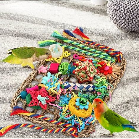 Toys for Parakeets, Cockatiels, Conures, Lovebirds - Food Search Accessories, Seagrass Shredding - Wall with Various Bird Toys (1/4)