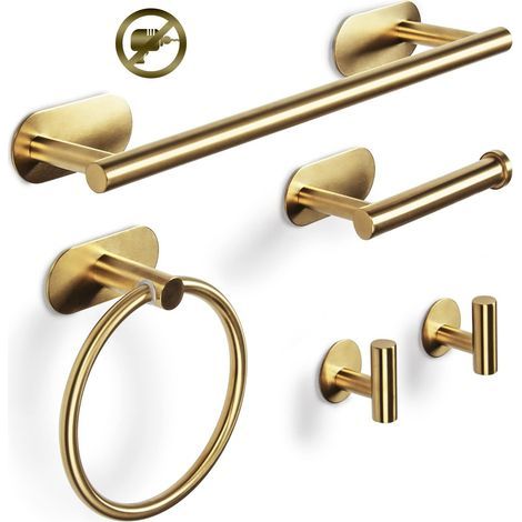 Juego de toalleros, 5 piezas, barra para toallas de baño, soporte para toallas, aro para toallas, gancho, acero inoxidable 304, no requiere perforación (dorado) (1/5)