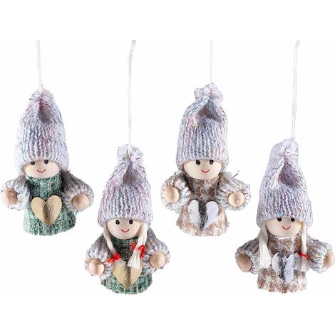 Folletti in legno con cuore e cappello stoffa da appendere all'albero di Natale, set da 24 pezzi, Ø 3 cm x 7 H