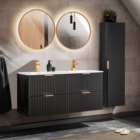 Ensemble meuble double vasque encastrée 120cm miroirs LED et colonne Adriel Noir (1/5)