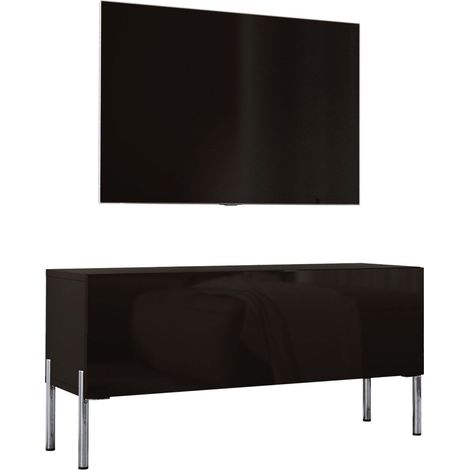 Meuble TV, Noir Mat / Noir Brillant, pieds Chrome, 100 x 52 x 32 Cm (1/5)