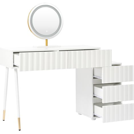 Toeletta con specchio LED rotondo e 5 cassetti, bianca, 100 x 40 x 127 cm, MODENUIT (1/5)
