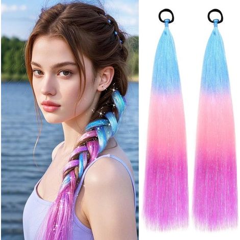 Pelucas para mujer, 2 piezas, 18 pulgadas, azul claro a rosa a morado, extensiones de cabello, 60 cm, para trenzas, extensiones de coleta color ombré. (1/5)