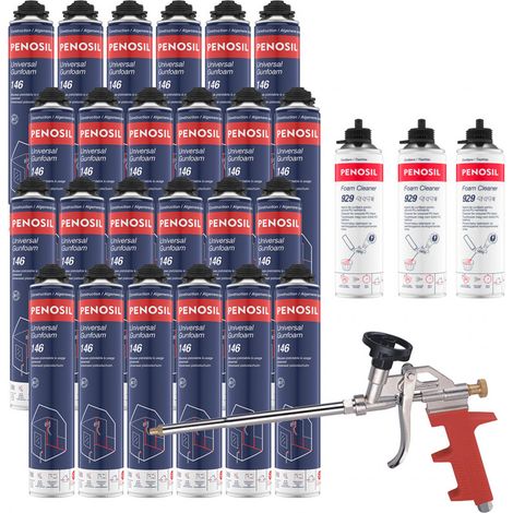 Penosil – Pack de 24 mousses polyuréthanes pistolables 690ml – 3 nettoyants mousse 500ml – Pistolet manuel pour mousse expansive
