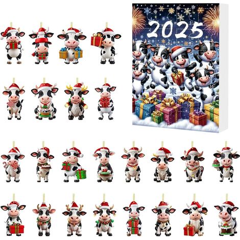 Calendrier de l'Avent Vache 2025, 24 jours, compte à rebours de Noël avec décorations suspendues en acrylique 2D représentant une vache des Highlands, adorable décoration pour sapin de Noël (1/5)